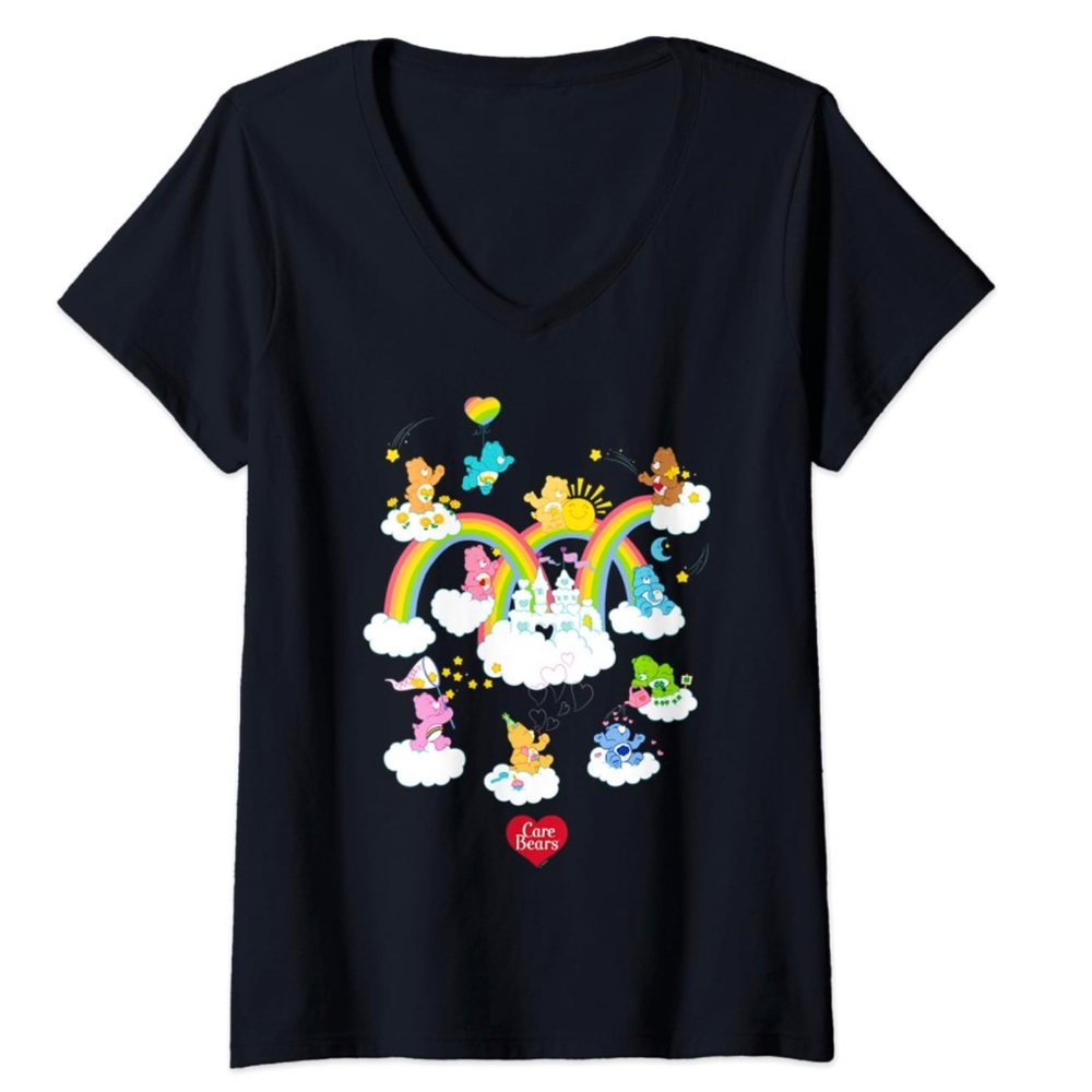 Womens Black Care Bears in the Clouds V-Neck Cotton T-Shirt Halloween Costume XL